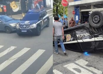 Viatura da Polícia Civil capota após avançar sinalização de “pare” na zona norte de SP